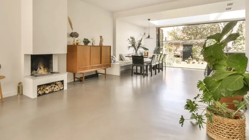 Modern open-plan dining and living area with plants