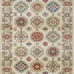 Colorful geometric patterned area rug.