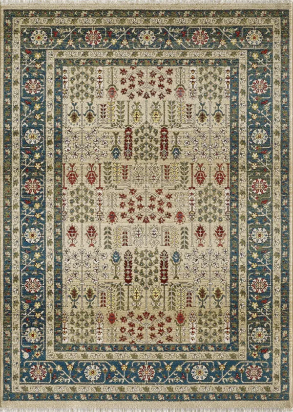 Traditional floral-patterned rug with blue and green border.