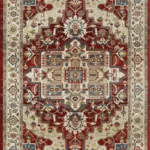 Intricate Persian-style rug with red and beige patterns.