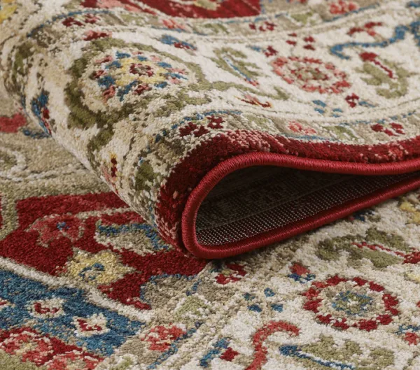 Detailed close-up of a colorful Persian rug.