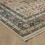 Colorful patterned area rug on wooden floor