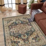 Living room with persian rug and brown sofa.