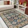 Modern living room with a colorful area rug.
