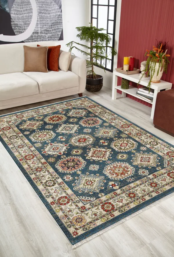 Modern living room with a colorful area rug.