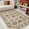 Living room with patterned area rug, sofa, and plants.