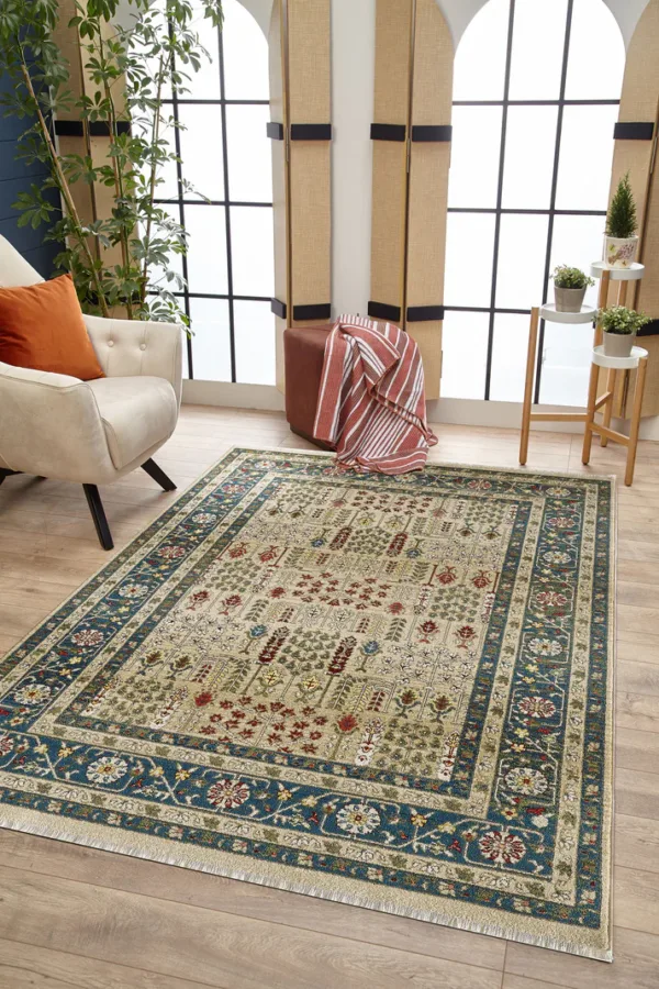 Living room with patterned rug and armchair.