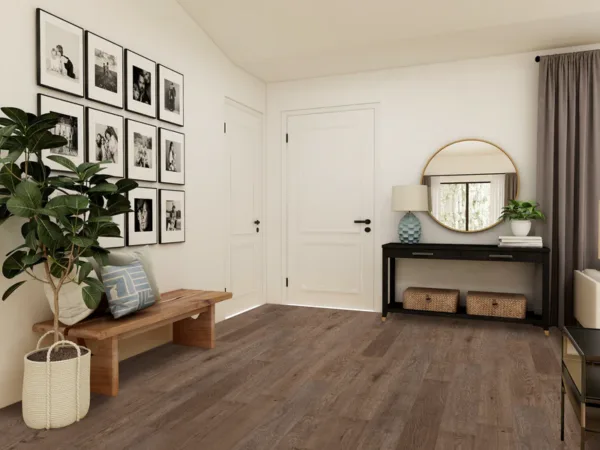 Cozy hallway with decor and framed photos.