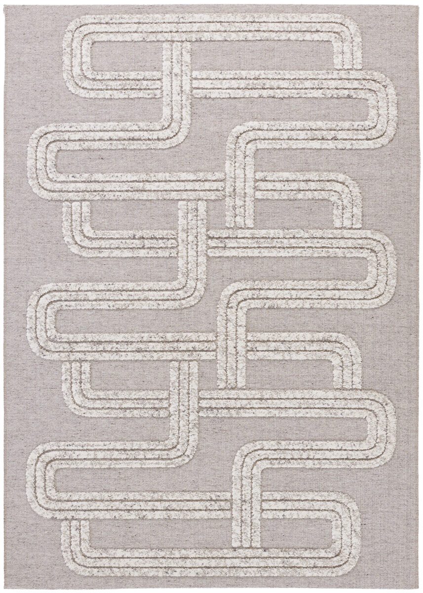 Geometric pattern rug with white loops on gray background.