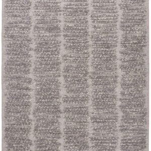 Gray textured area rug with striped pattern.