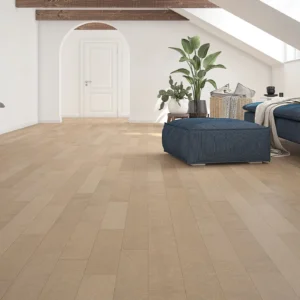 Modern attic living room with wooden floor and plants.