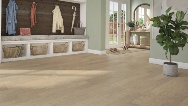 Modern mudroom with wood flooring and plants.