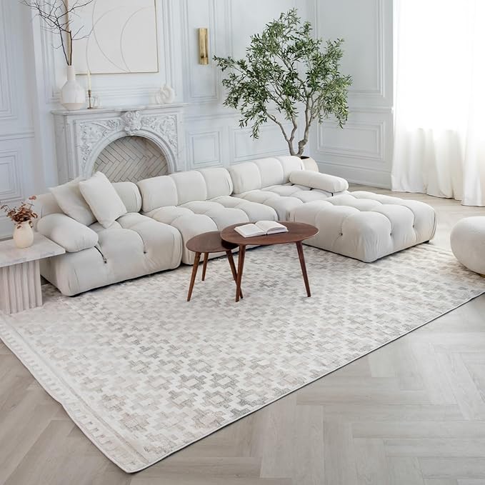 Modern living room with white sectional sofa.