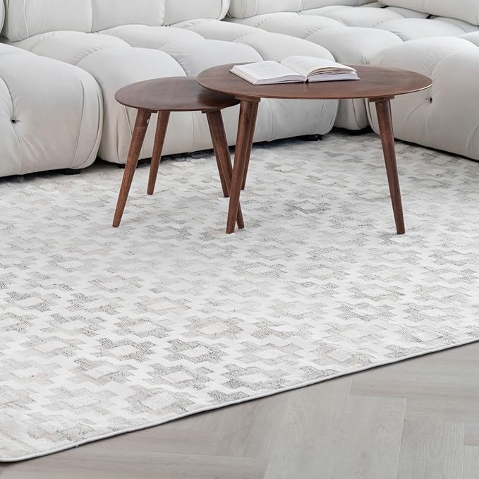 Modern carpet with geometric pattern in living area.
