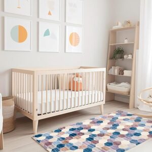 Modern nursery with crib and colorful geometric rug.