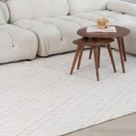White couch with wooden coffee tables on carpet
