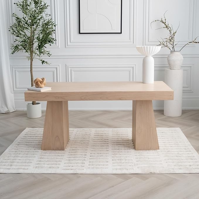 Minimalist wooden table in modern living room decor.