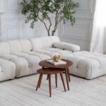 Modern living room with white sofa and tables