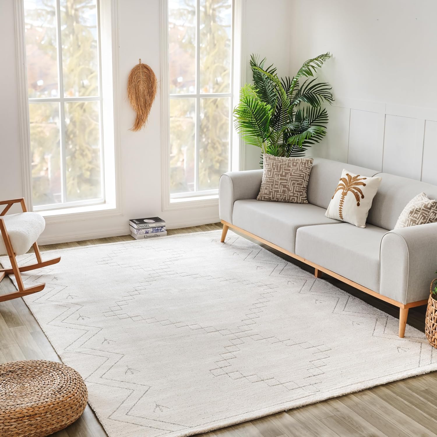 Modern living room with gray couch and rug