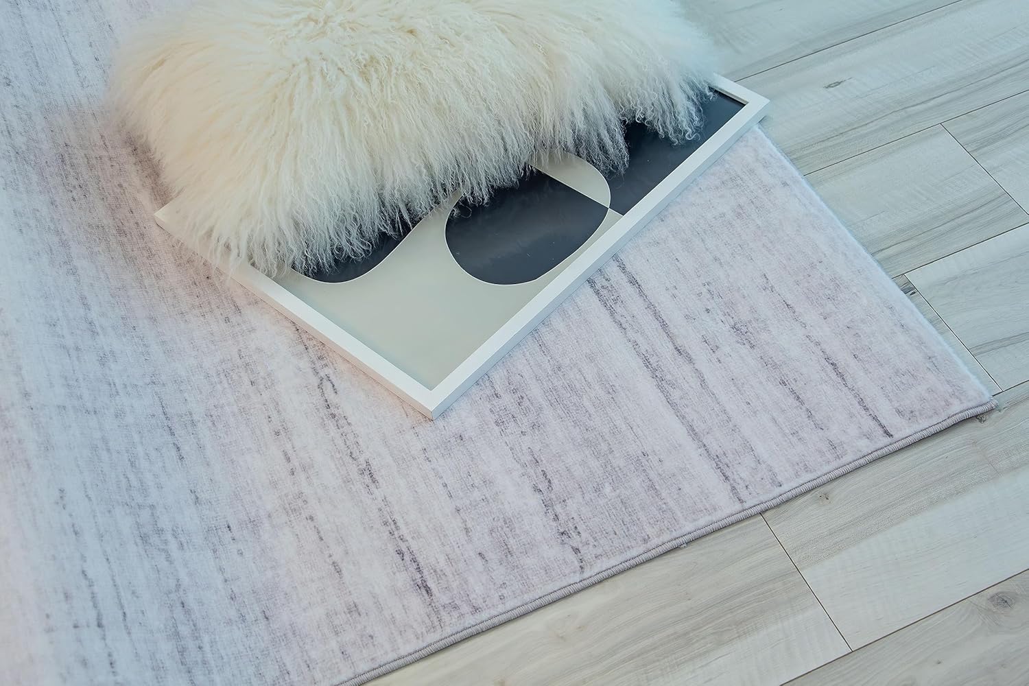 Fuzzy cushion and framed artwork on light rug