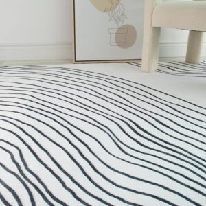 Black-and-white striped rug, minimal decor scene.