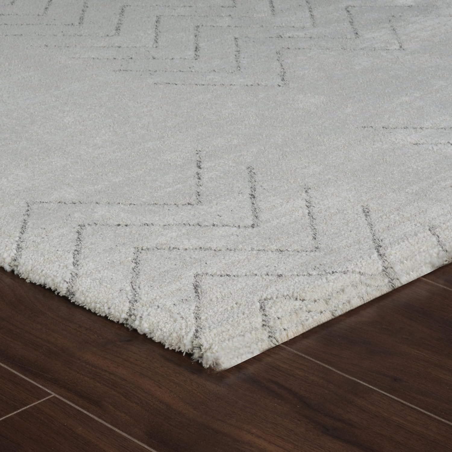White patterned rug on wooden floor.