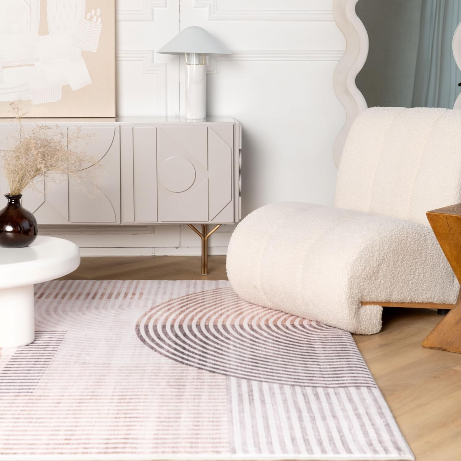 Modern living room with rug and chair