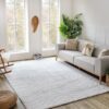 Modern living room with sofa and textured rug.