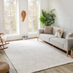 Stylish living room with gray sofa and geometric rug.