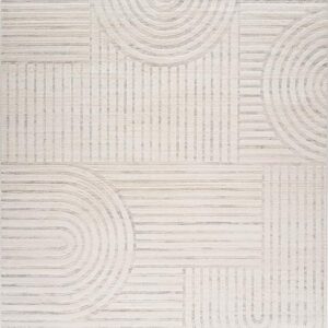 Beige rug with geometric line patterns.