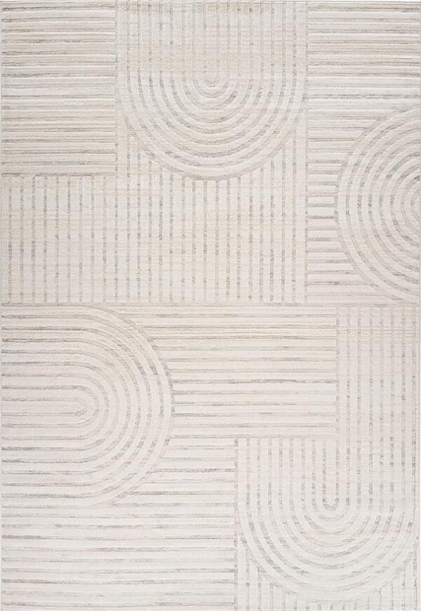Beige rug with geometric line patterns.