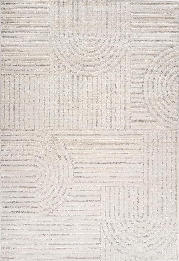 Beige rug with geometric line patterns.