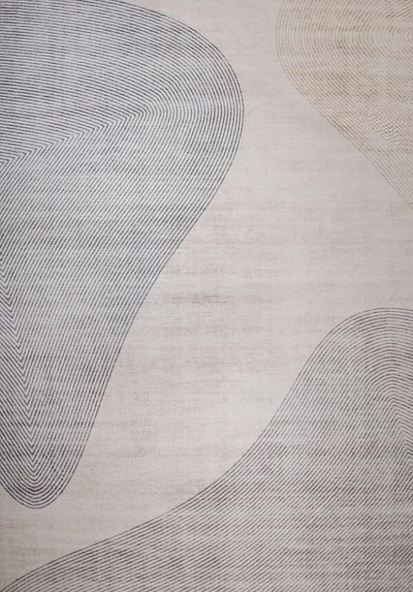Beige rug with abstract curved line patterns