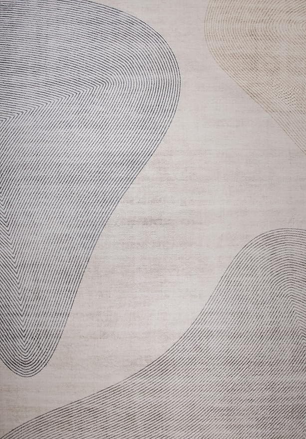 Beige rug with abstract curved line patterns