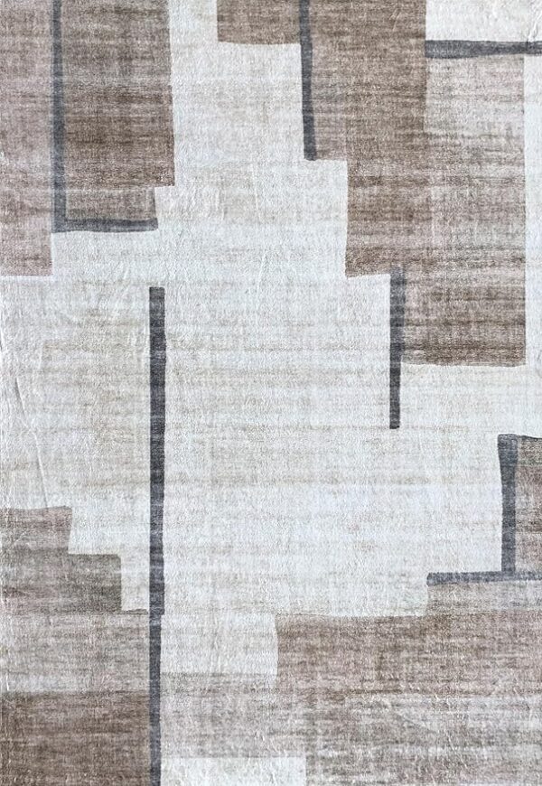 Beige abstract geometric patterned rug.