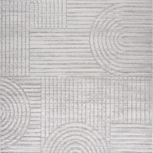 Geometric gray and white patterned rug design.