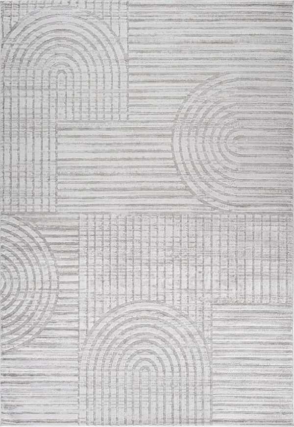 Geometric gray and white patterned rug design.