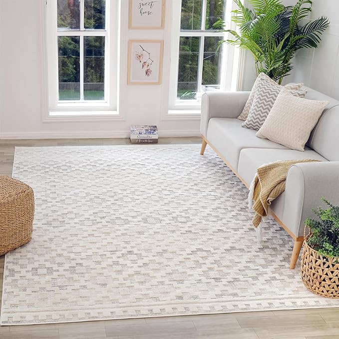 Cozy living room with large patterned rug.