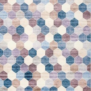 Hexagonal patterned rug in blue, purple, and beige.