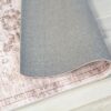 Gray and patterned rug on wooden floor