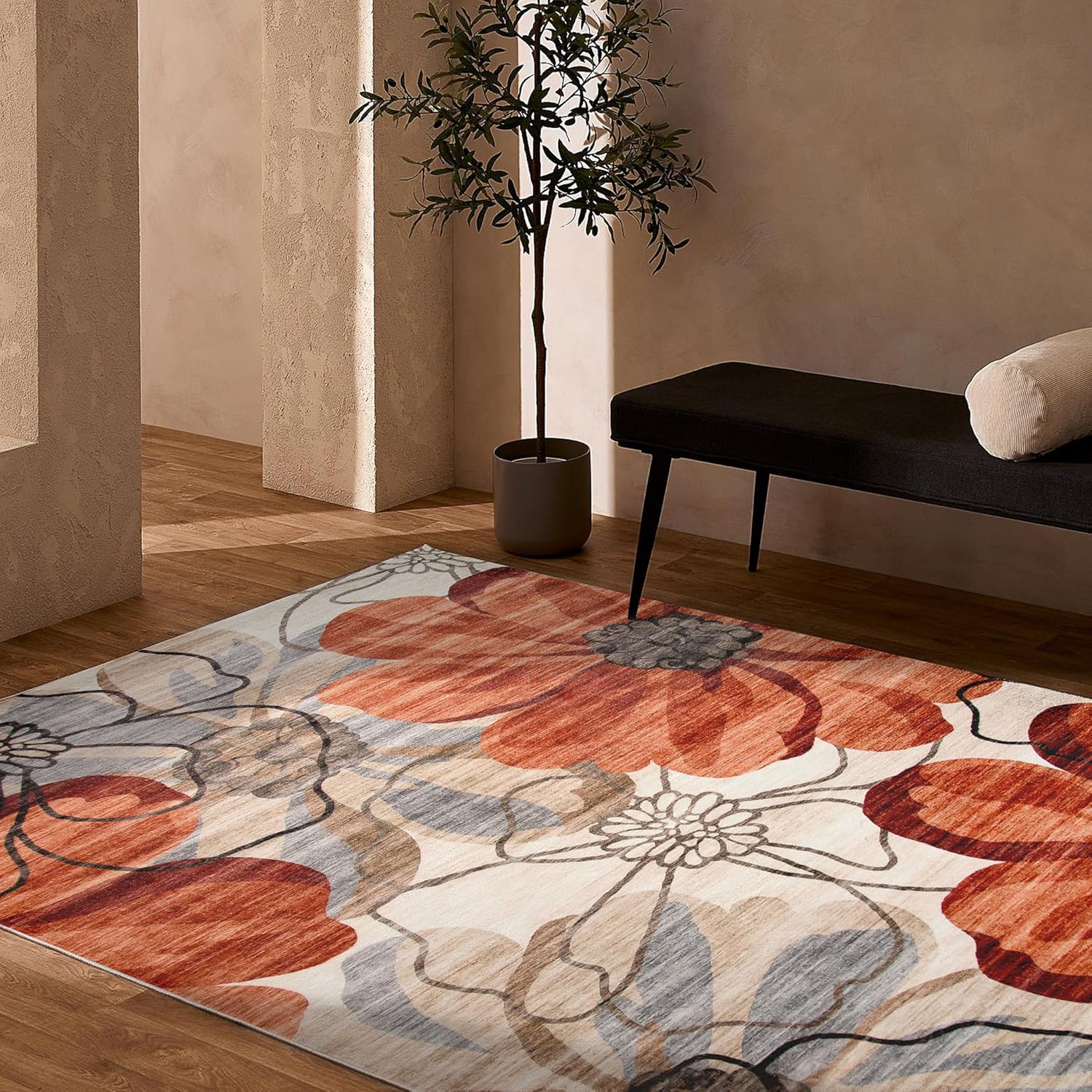 Floral pattern rug in modern living room.