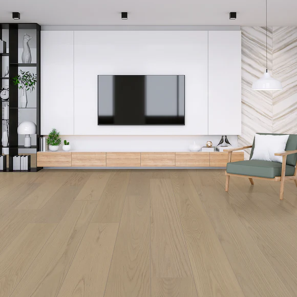 Modern living room with TV and wooden flooring.