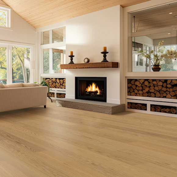 Cozy living room with fireplace and wood floor.