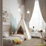 Cozy children's bedroom with play tent and toys.