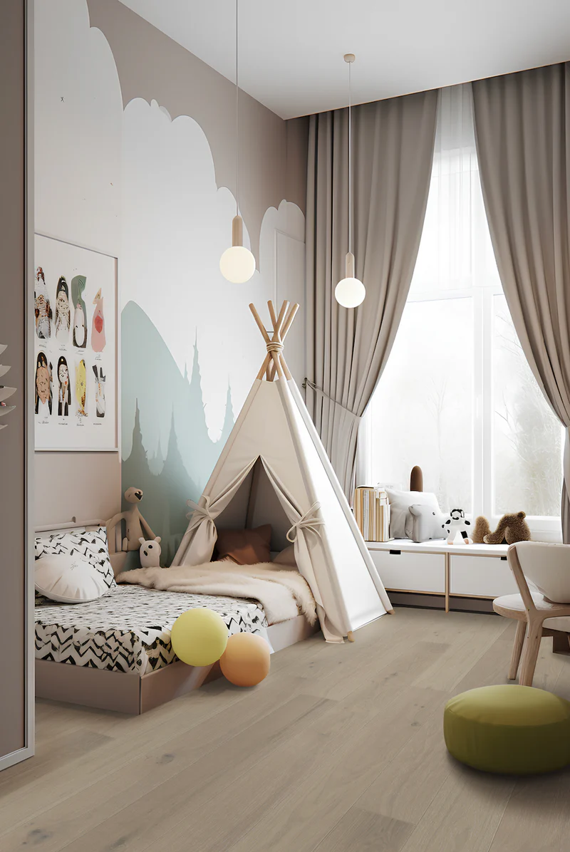 Cozy children's bedroom with play tent and toys.