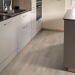 Modern kitchen with light wood flooring