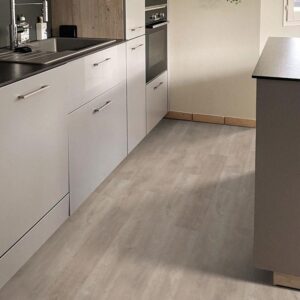 Modern kitchen with light wood flooring