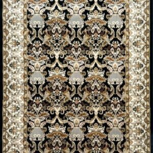 Ornate black and cream floral patterned rug.