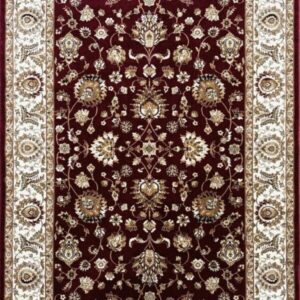 Intricate floral Persian rug design, rich red tones.