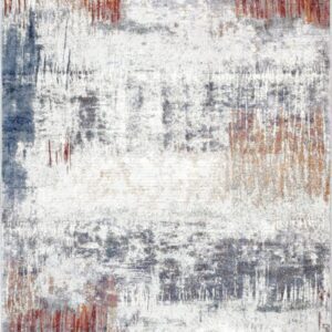 Abstract area rug with blue and orange accents.